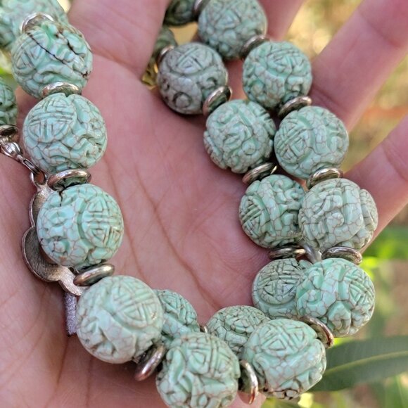 Absolutely stunning RARE Chinese natural green turquoise carved shou beads sterl - Picture 5 of 16